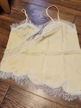 Lace-Trim Satin Cami Tank Top - Pale Yellow